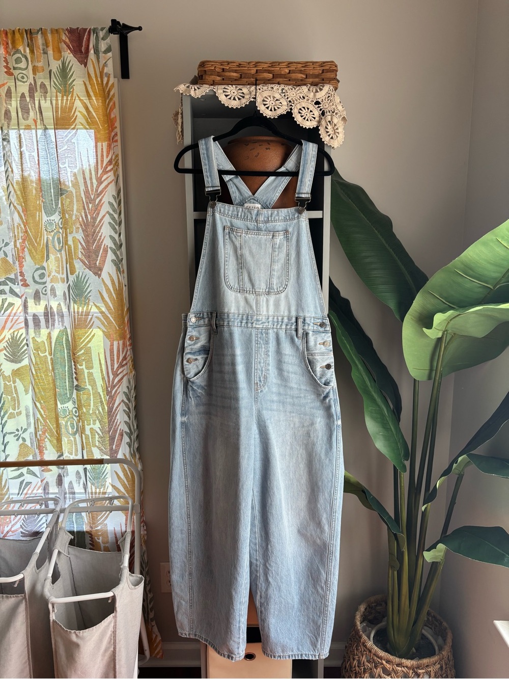 cello lightwash barrel leg denim overalls